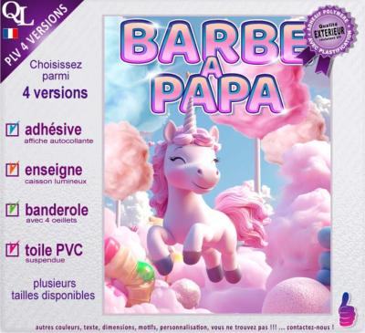 PLV BARBE A PAPA LICORNE | choix : affiche autocollante - diffusant pour enseigne lumineuse - banderole - toile imprimée